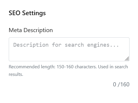 Search engines optimization section with character counter in Aether editor's sidebar