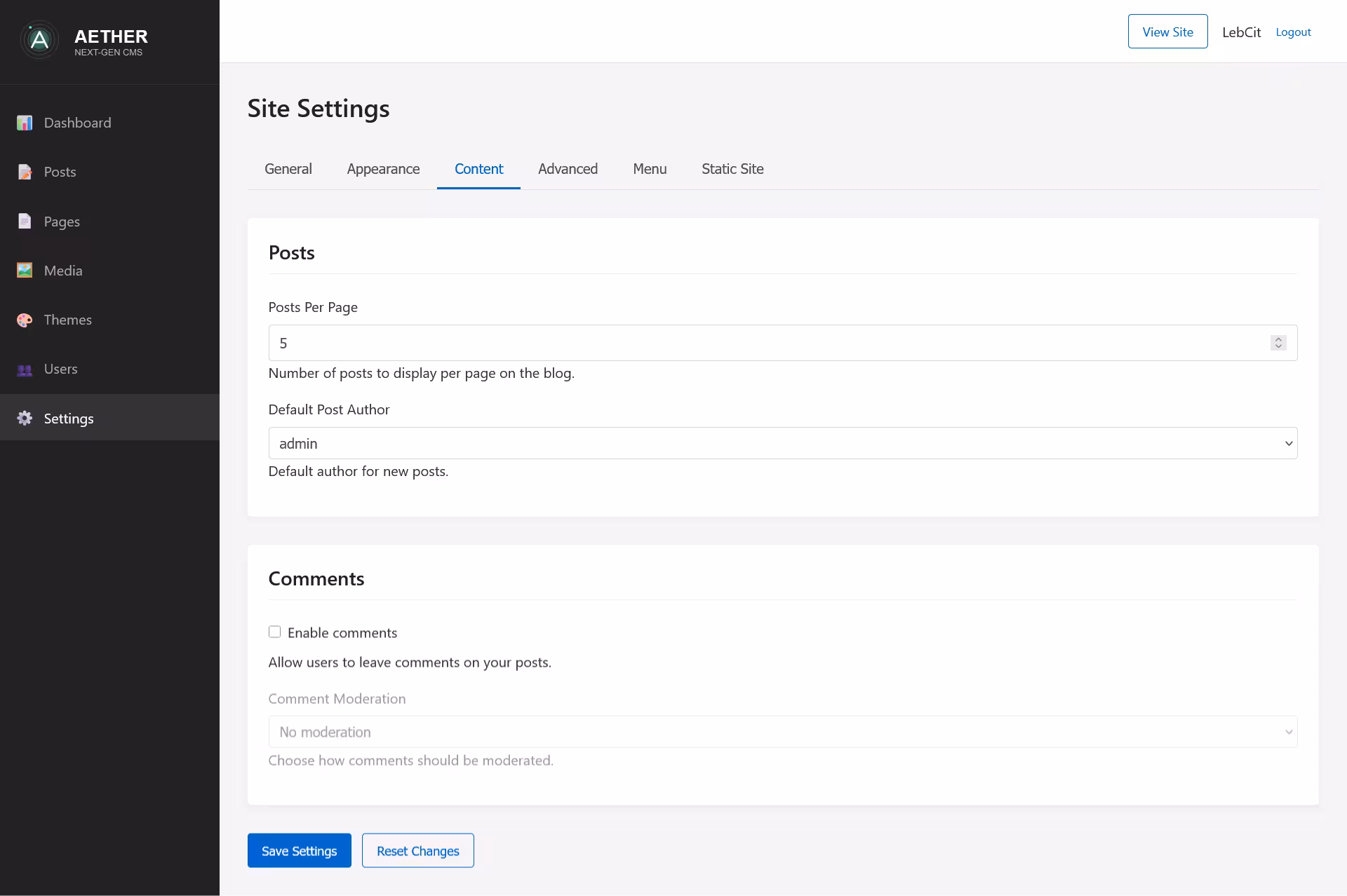Aether settings page showing Content tab with posts and comments settings
